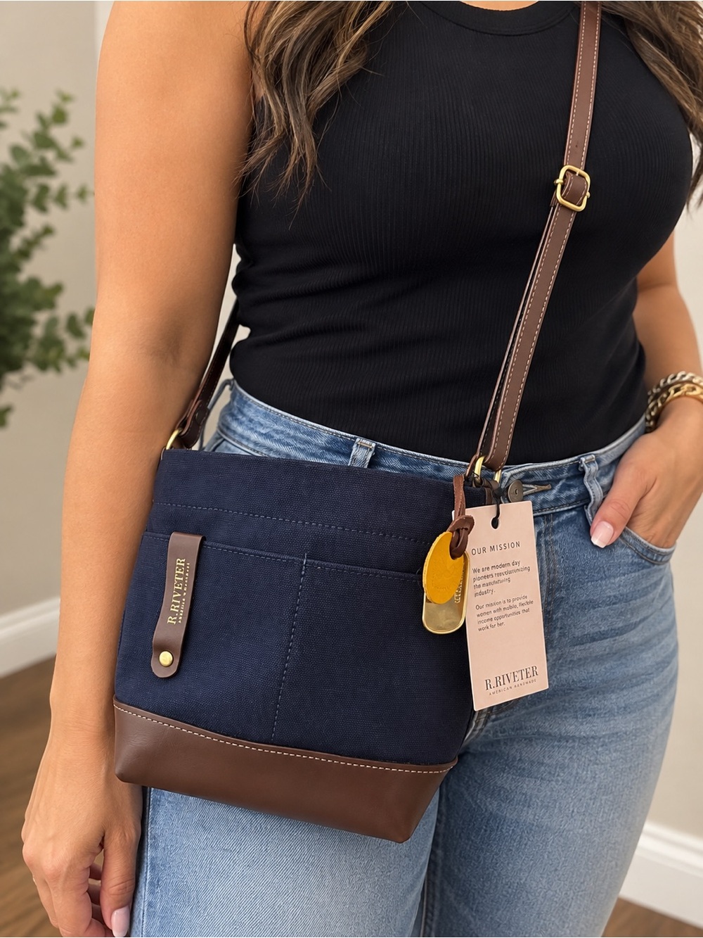 R. Riveter Navy Canvas Brown Leather Crossbody Bag NWT American Made